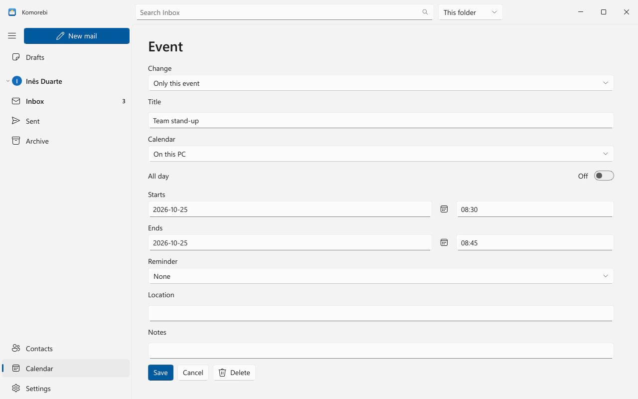 The event editor open on a sample event