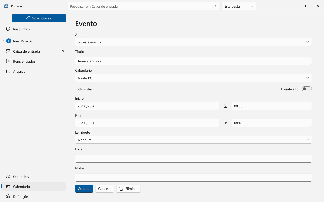 O editor de eventos aberto num evento de exemplo