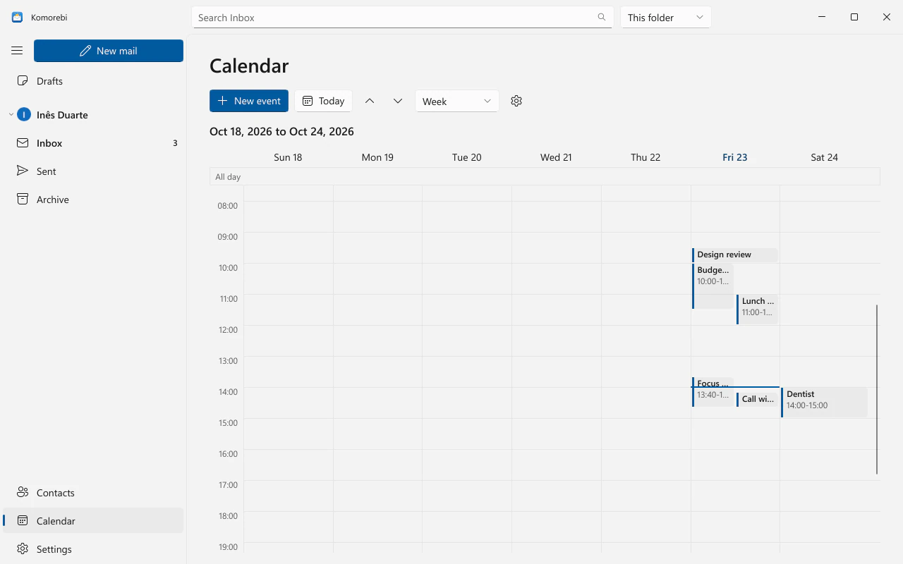 The calendar week view with sample events in their time slots