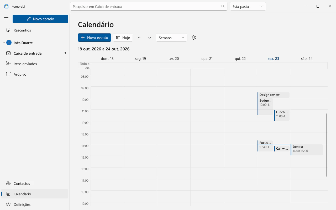 A vista de semana do calendário com eventos de exemplo nas suas horas