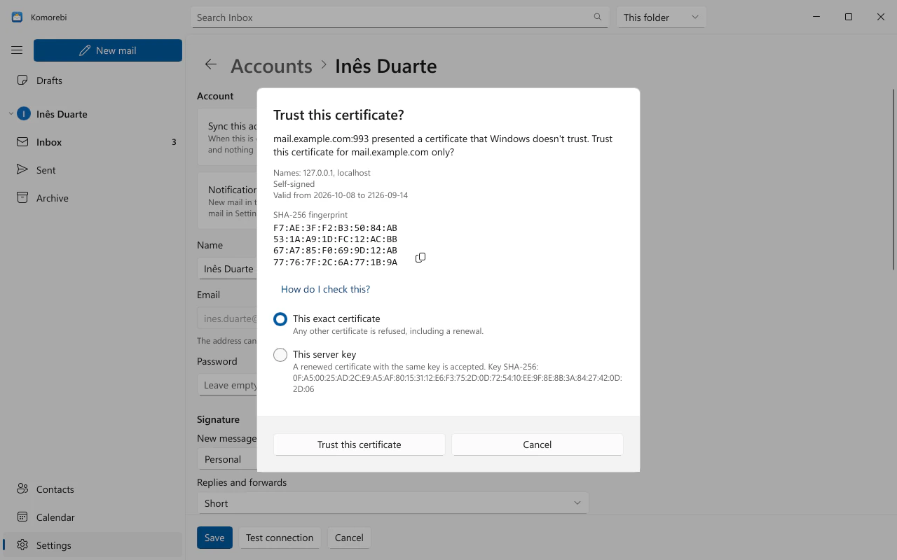 The Trust this certificate? prompt with the SHA-256 fingerprint and certificate details of a made-up server