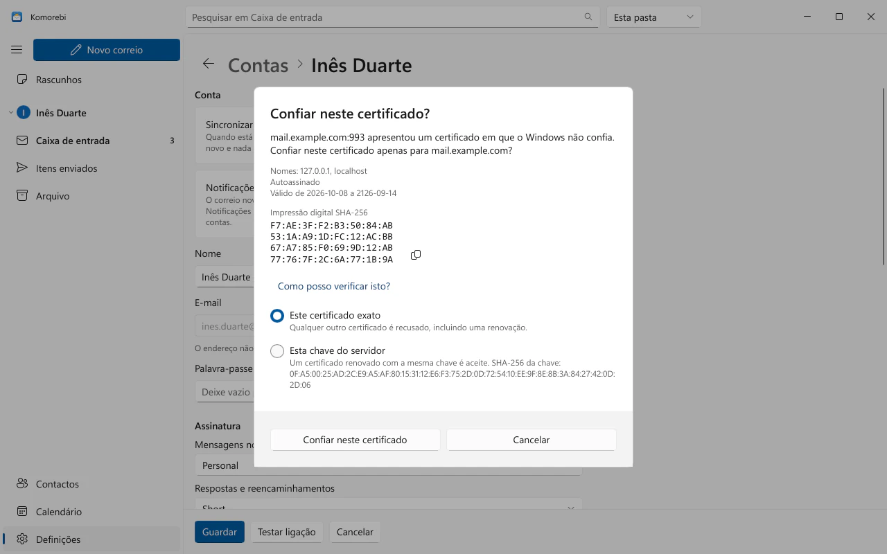 A pergunta Confiar neste certificado? com a impressão digital SHA-256 e os detalhes do certificado de um servidor fictício