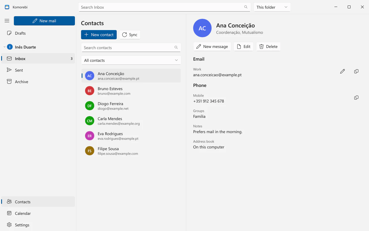 The Contacts view with a contact card open
