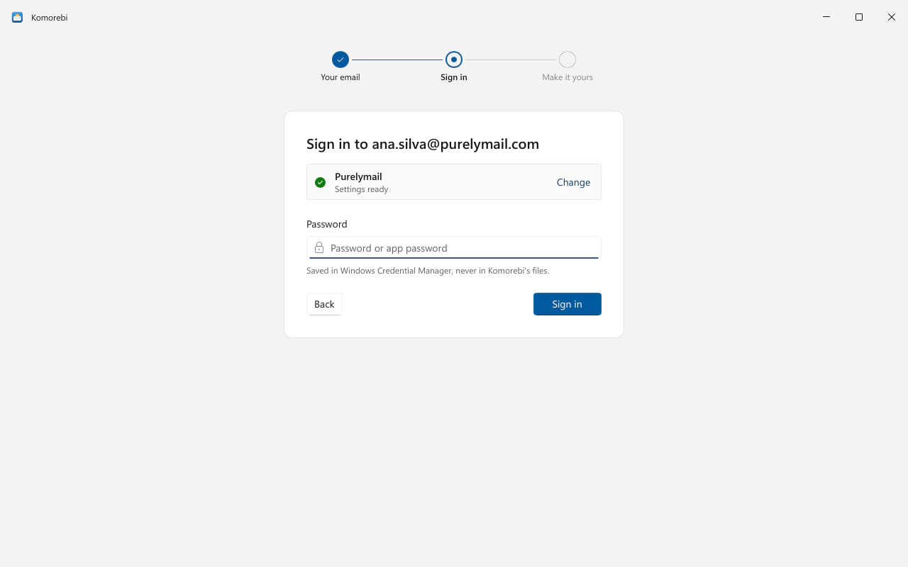 Adding an account: a Purelymail address recognised, with its settings built in