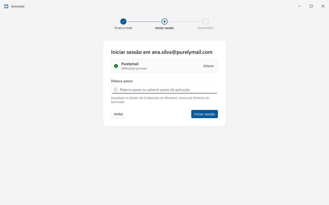 Adicionar uma conta: um endereço Purelymail reconhecido, com as definições incluídas