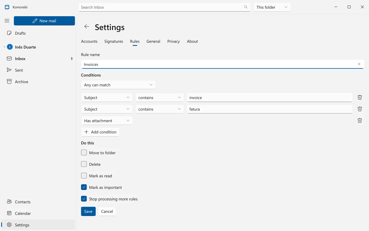 Editing a rule: its conditions and actions