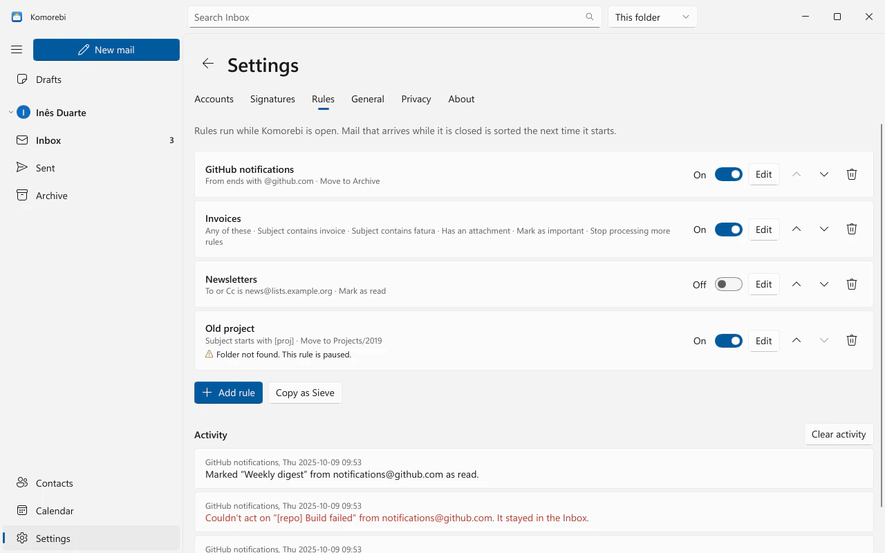 Settings, Rules: four mail rules for the account, one paused, with recent activity
