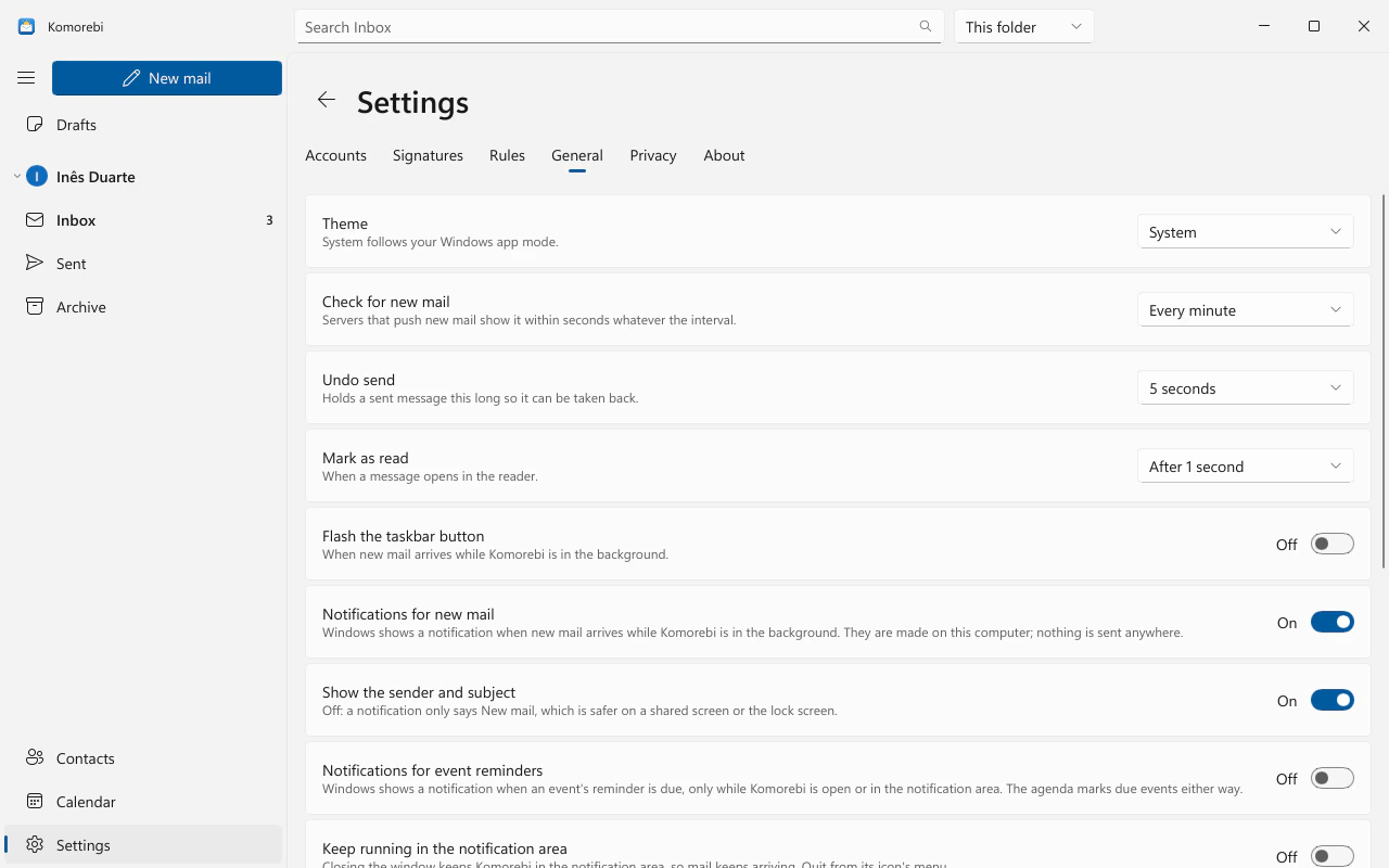 Settings, General: theme, language and reading options