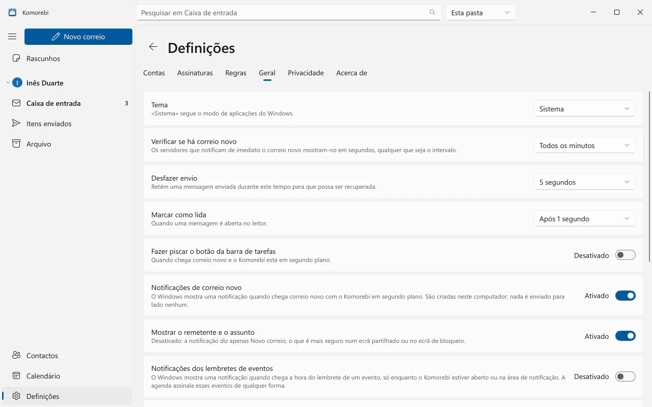 Definições, Geral: tema, idioma e opções de leitura