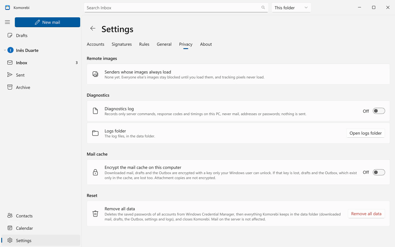 Settings, Privacy: remote images, the encrypted cache and data removal
